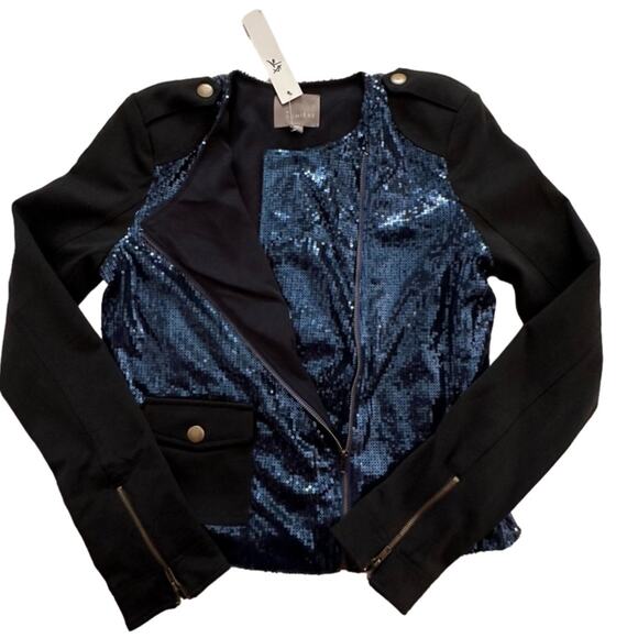 Lumiere Jacket Blazer Coat Black Blue Sequins Front Side Zip Cropped Party Small - Picture 13 of 16